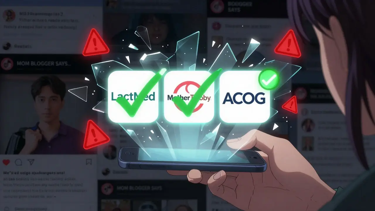 A woman's hand holding a phone displaying trusted medical sources as red warning symbols shatter around her.