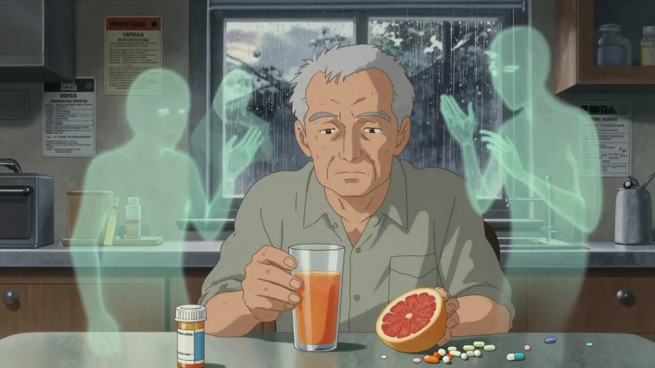 An elderly man at breakfast with ghostly medication warnings floating around him, rain on the window.