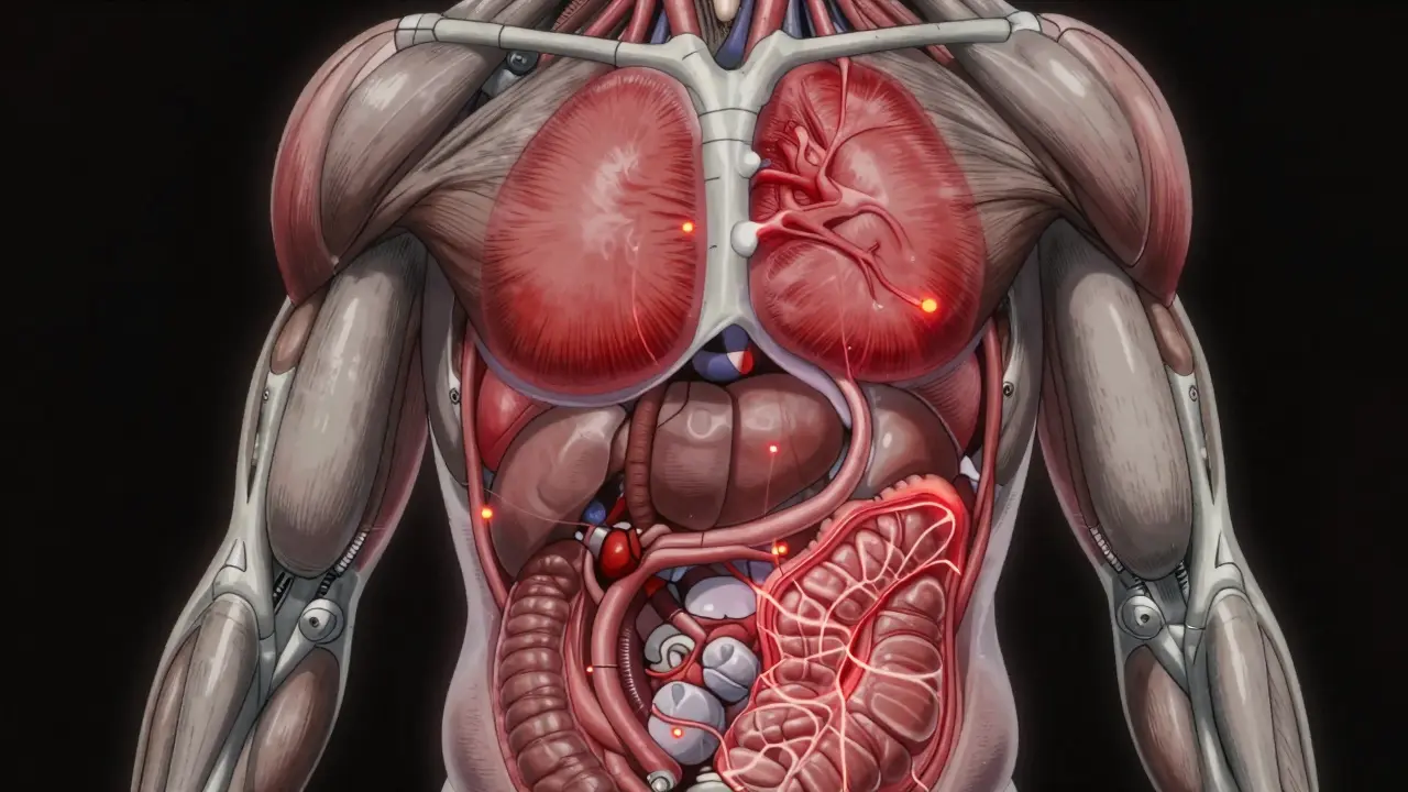 Anatomical view of visceral fat around internal organs.
