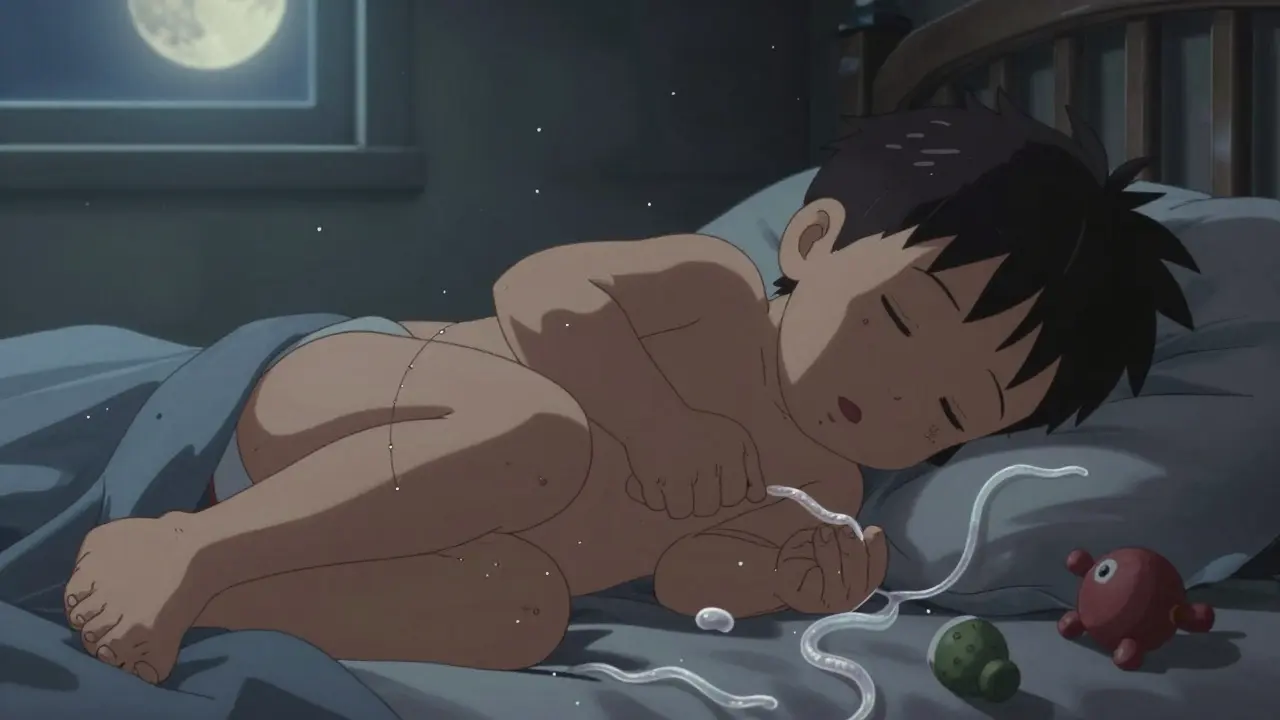Child scratching at night with pinworms crawling on bedding under moonlight.