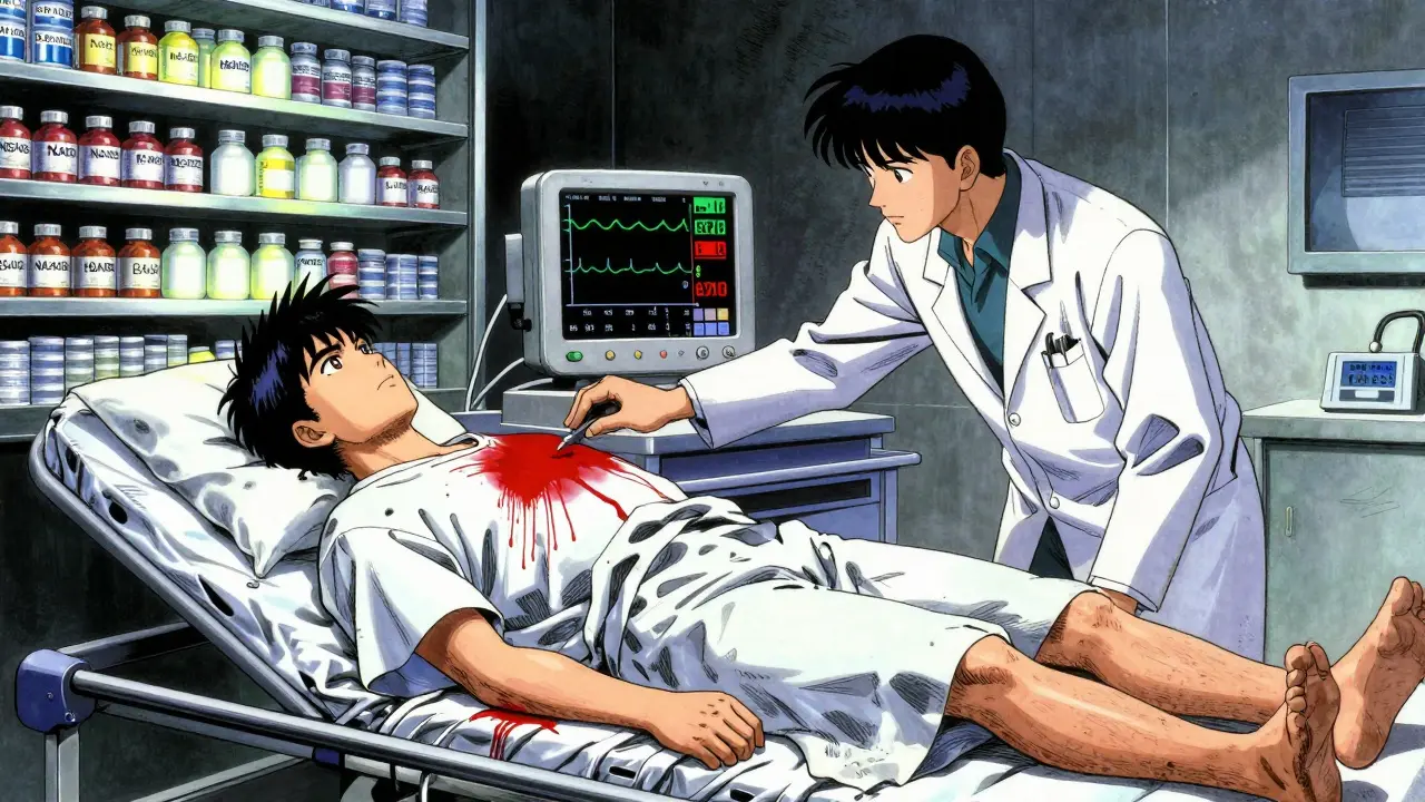 ER scene with patient bleeding internally, doctors reacting to crashing vital signs.