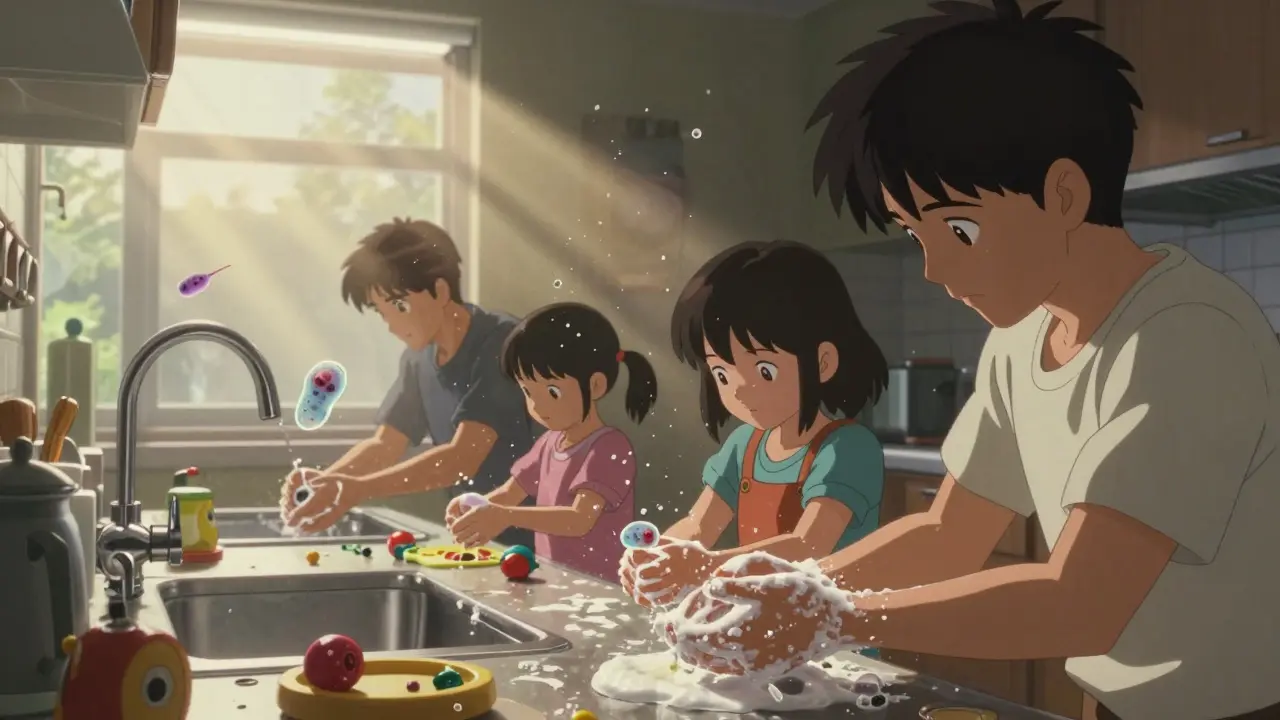 Family washing hands as invisible parasites drift from contaminated surfaces in kitchen.