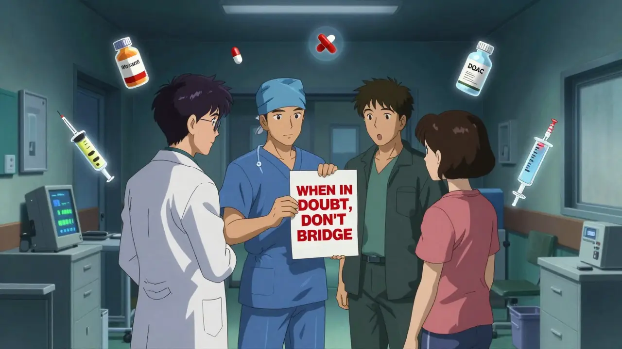 Four healthcare professionals and a patient gathered around a guideline paper that says 'Don't Bridge'.