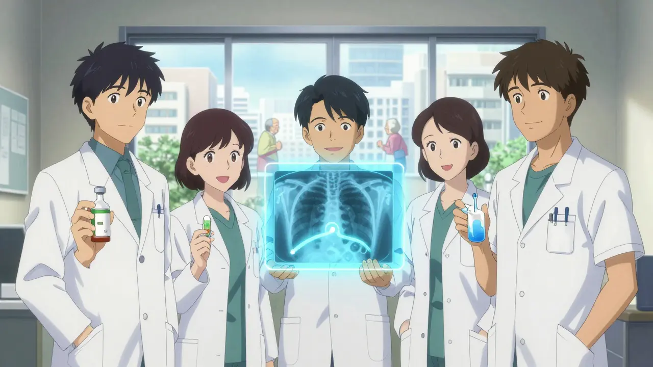 Healthcare team presenting alternative medication forms for swallowing difficulties.