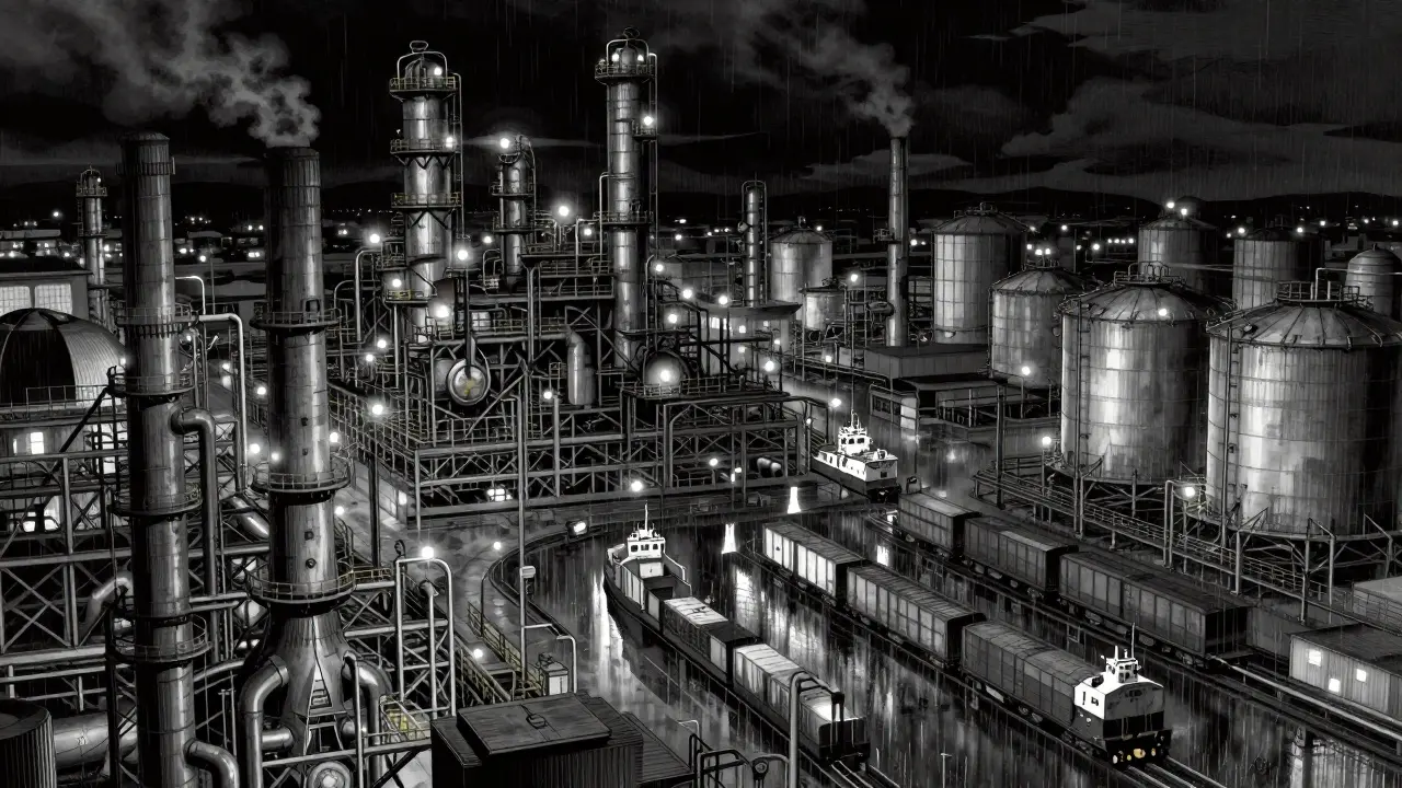 Industrial factories and shipping lanes under rainy night sky.