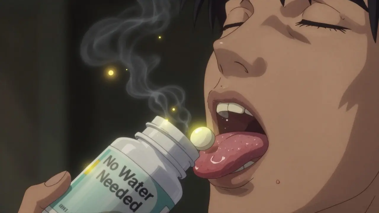 Orodispersible tablet dissolving on a tongue with glowing medicinal particles.