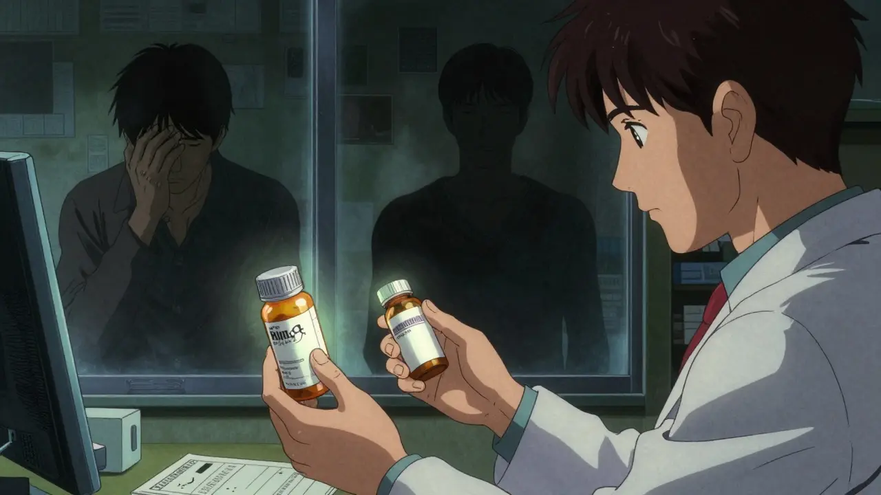 Pharmacist hesitates between brand and generic pills, with split-screen patient outcomes in the background.