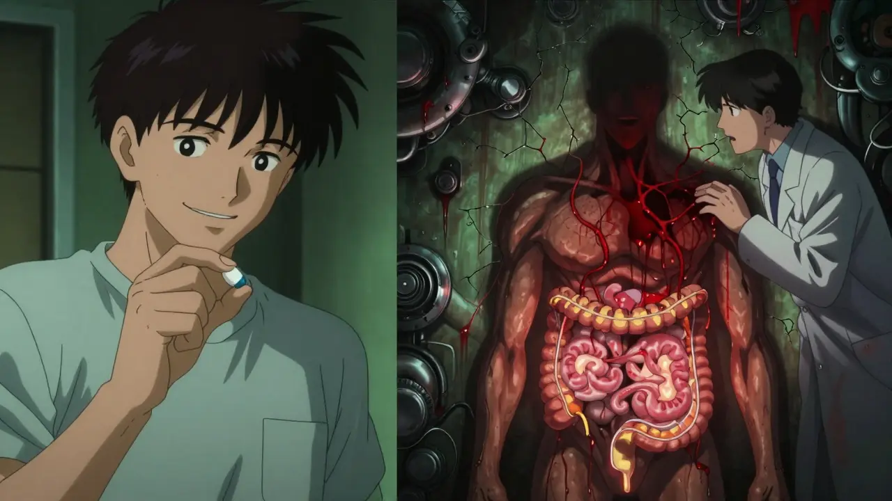 Split image: man taking ibuprofen vs. internal bleeding, with doctor whispering warning.