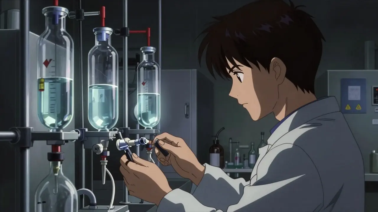 Technician monitoring glass vials in sterile laboratory environment.