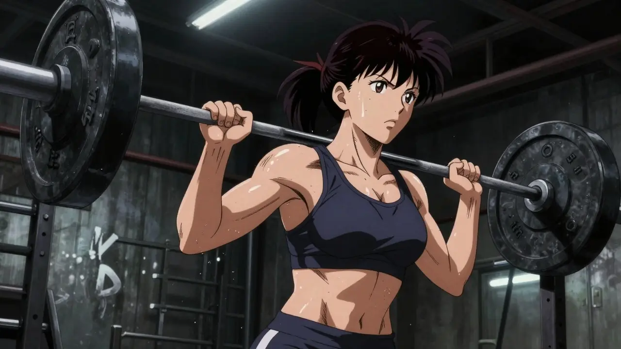 Woman lifting weights in a gritty industrial gym setting.