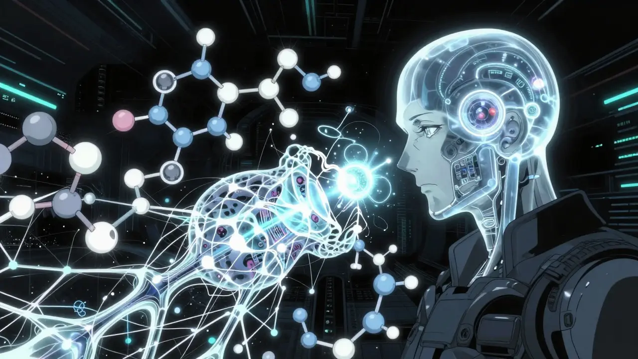 A conceptual representation of AI predicting drug interactions through a digital neural network.