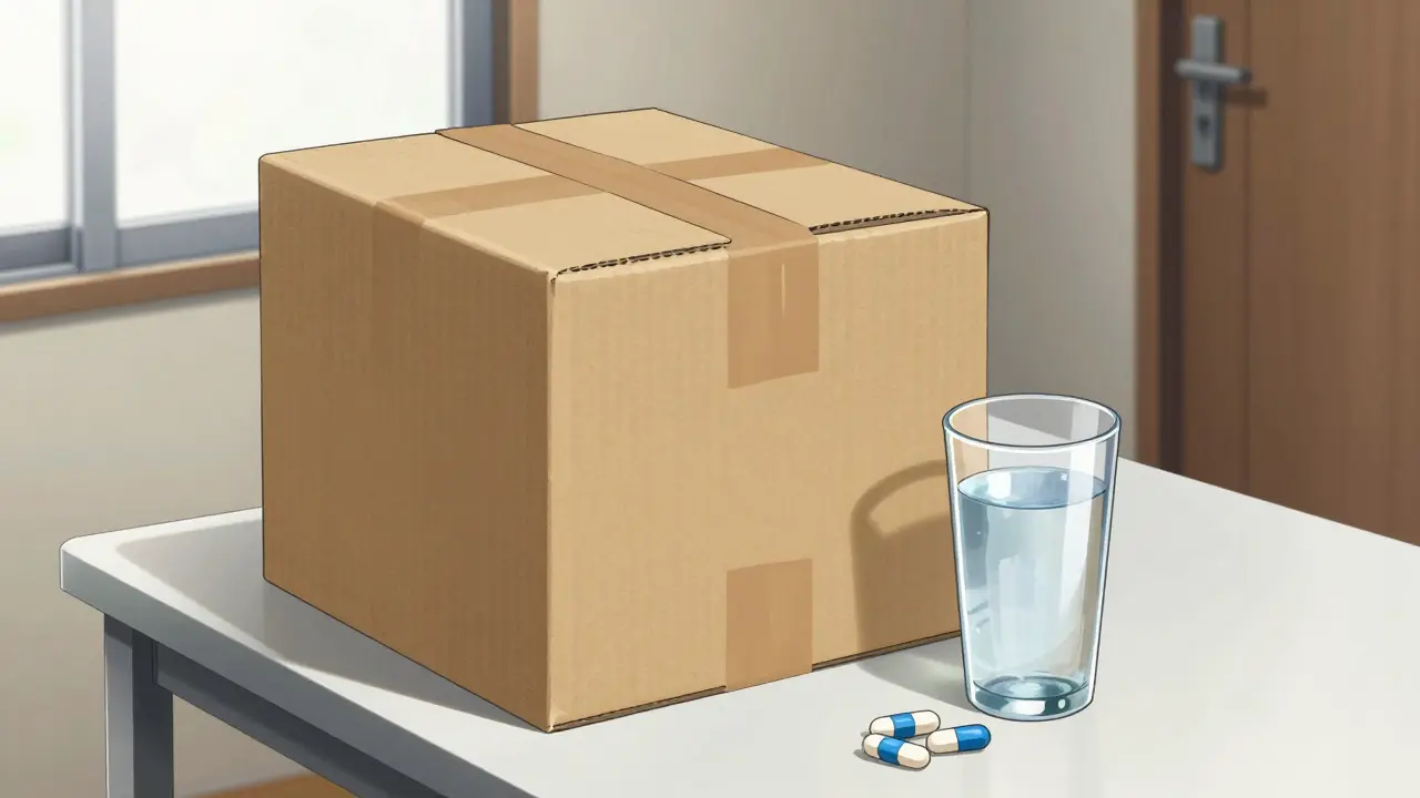 A delivered medicine package on a table with water and capsules