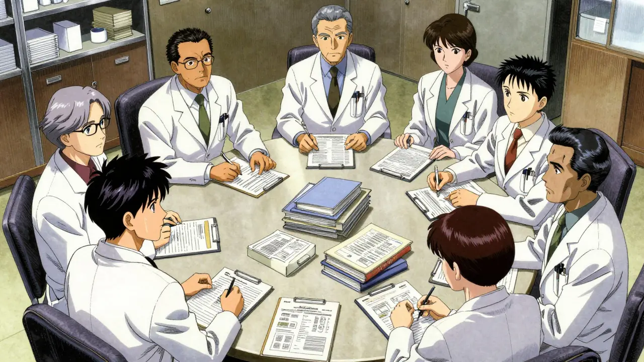 A medical committee of doctors and pharmacists reviewing clinical data around a table.
