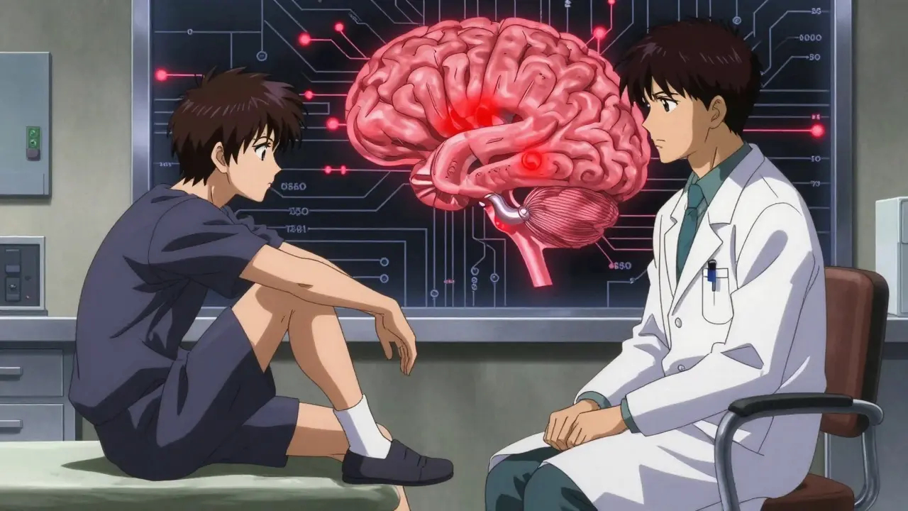 A patient showing restless leg movements during a medical consultation.