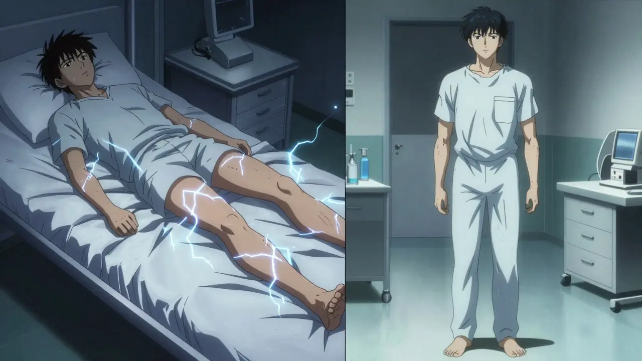 A split-screen comparing leg-focused RLS with full-body akathisia agitation.