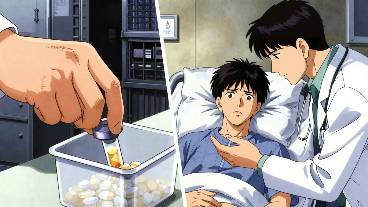 A split-screen showing a pharmacist dispensing medicine and a doctor consulting a patient.