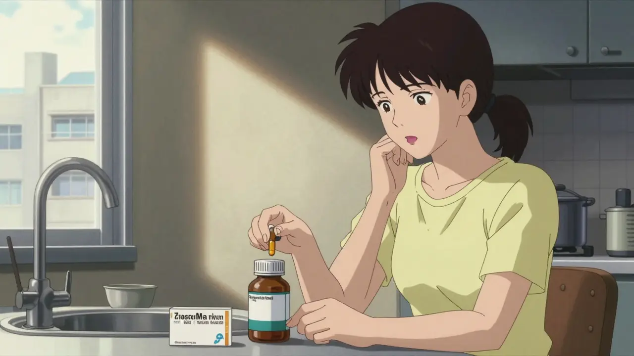 A woman considering the timing of taking probiotics and antibiotics.