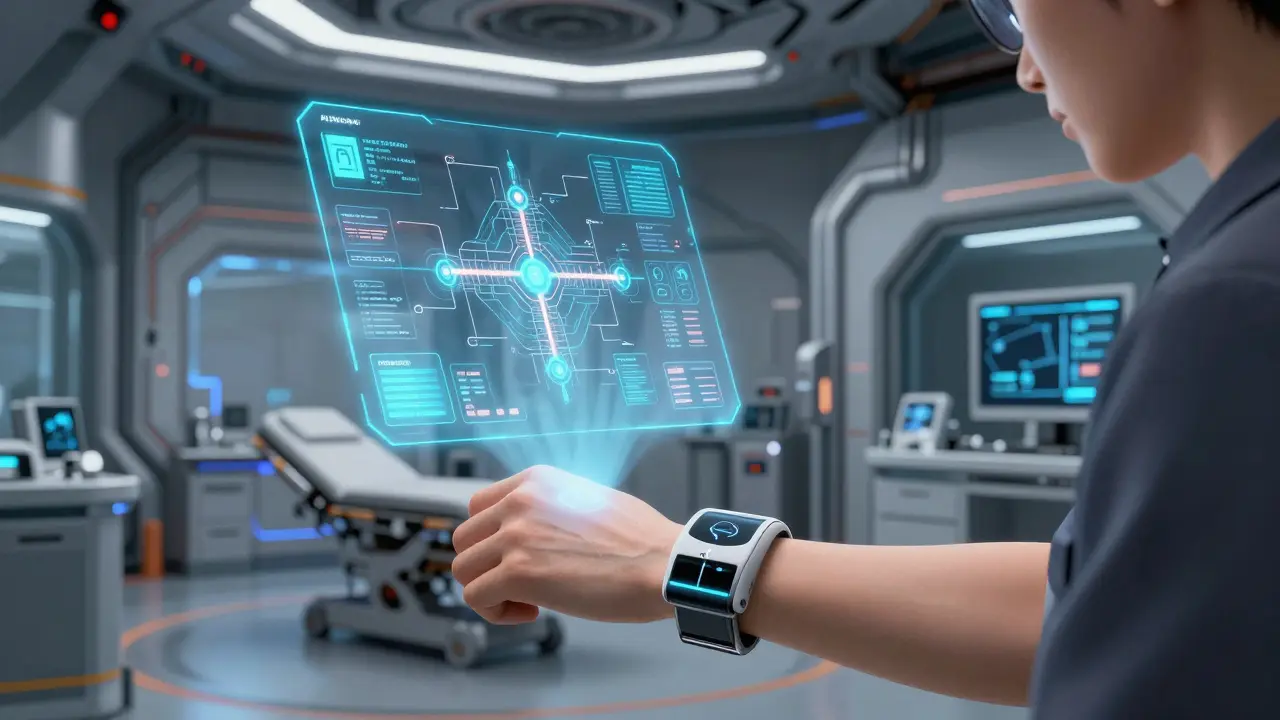 Anime scene of a person using a holographic wearable device to view a personalized health roadmap.