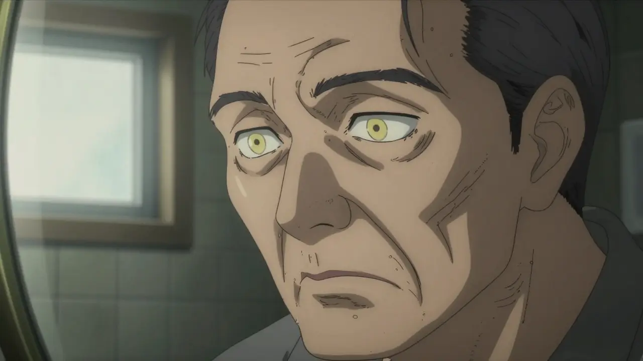 Anime style close-up of an elderly man with jaundice in his eyes
