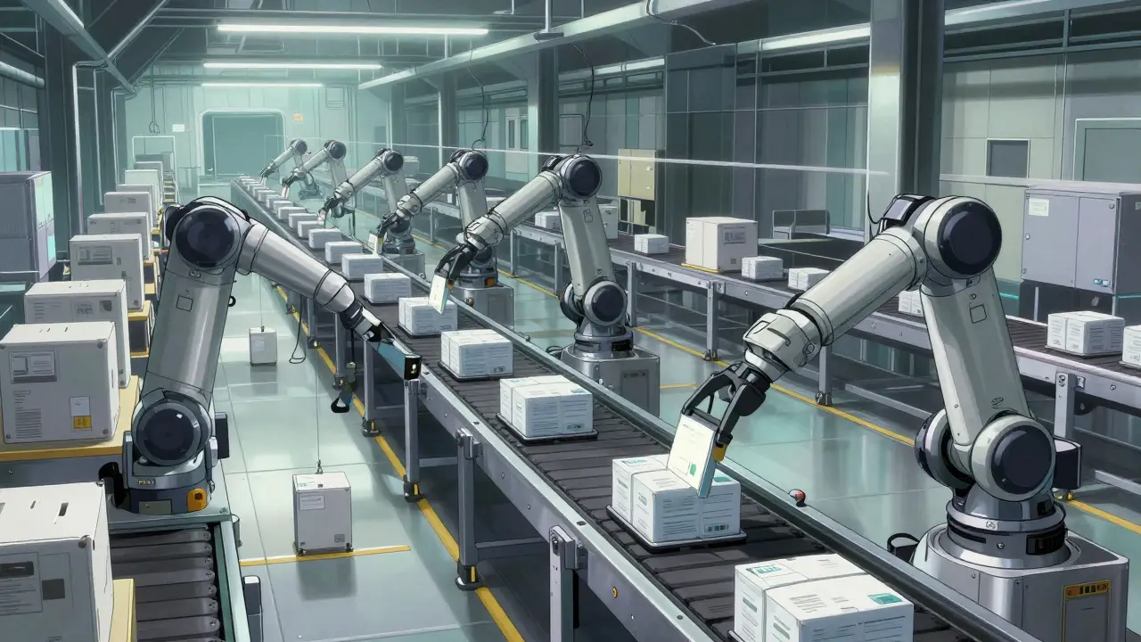 Automated robotic arms sorting pharmaceutical packages in a high-tech delivery hub.