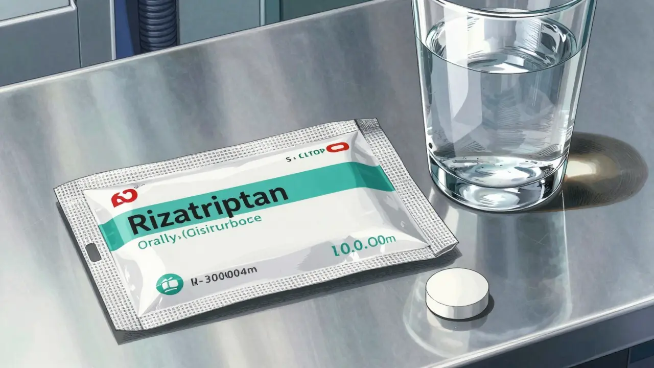 Close-up of Rizatriptan medication and an ODT tablet on a metallic surface