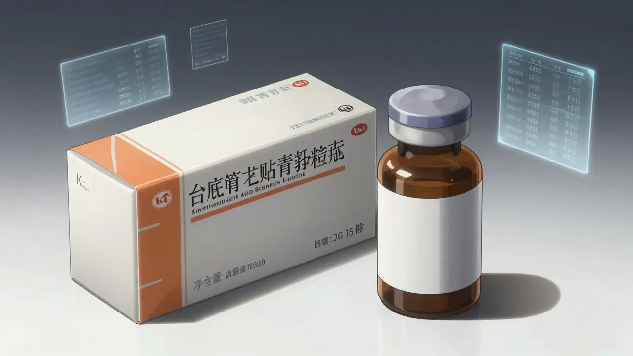 Comparison between brand-name and generic medication bottles with digital data overlays.