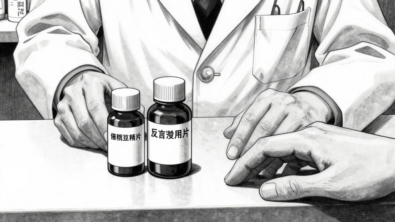 Comparison of generic and brand-name medication bottles on a pharmacy counter