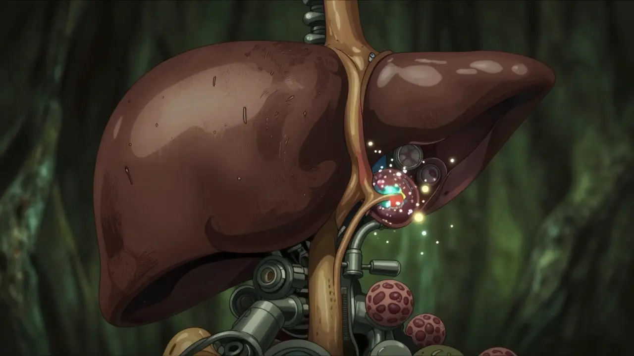 Conceptual anime illustration of liver cell damage and blocked bile ducts