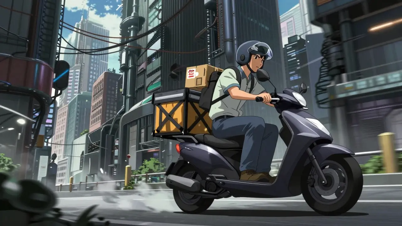 Courier on a futuristic scooter delivering a medical package through a dense city