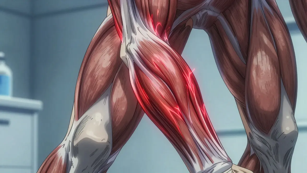 Detailed anatomical view of muscles glowing red to represent myopathy and muscle breakdown
