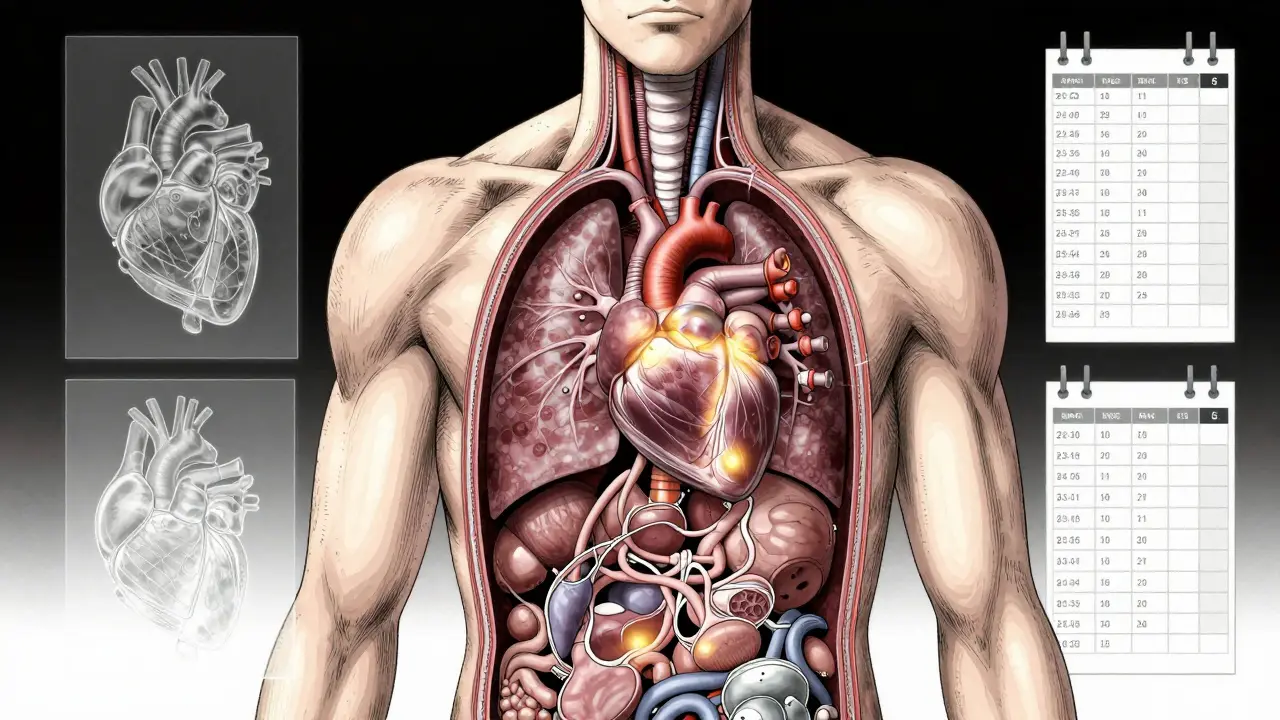 Detailed manga illustration of a human torso with highlights on organs needing medical monitoring.