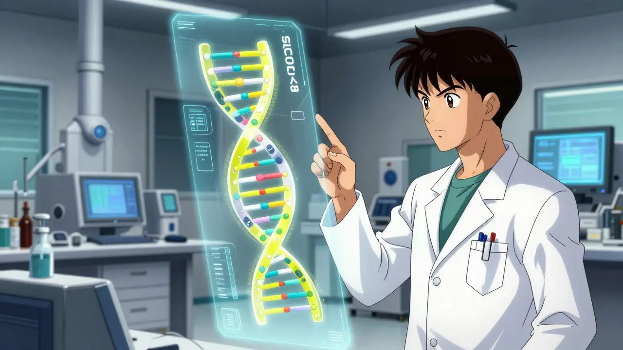 Futuristic lab with a holographic DNA strand showing a genetic variation highlight