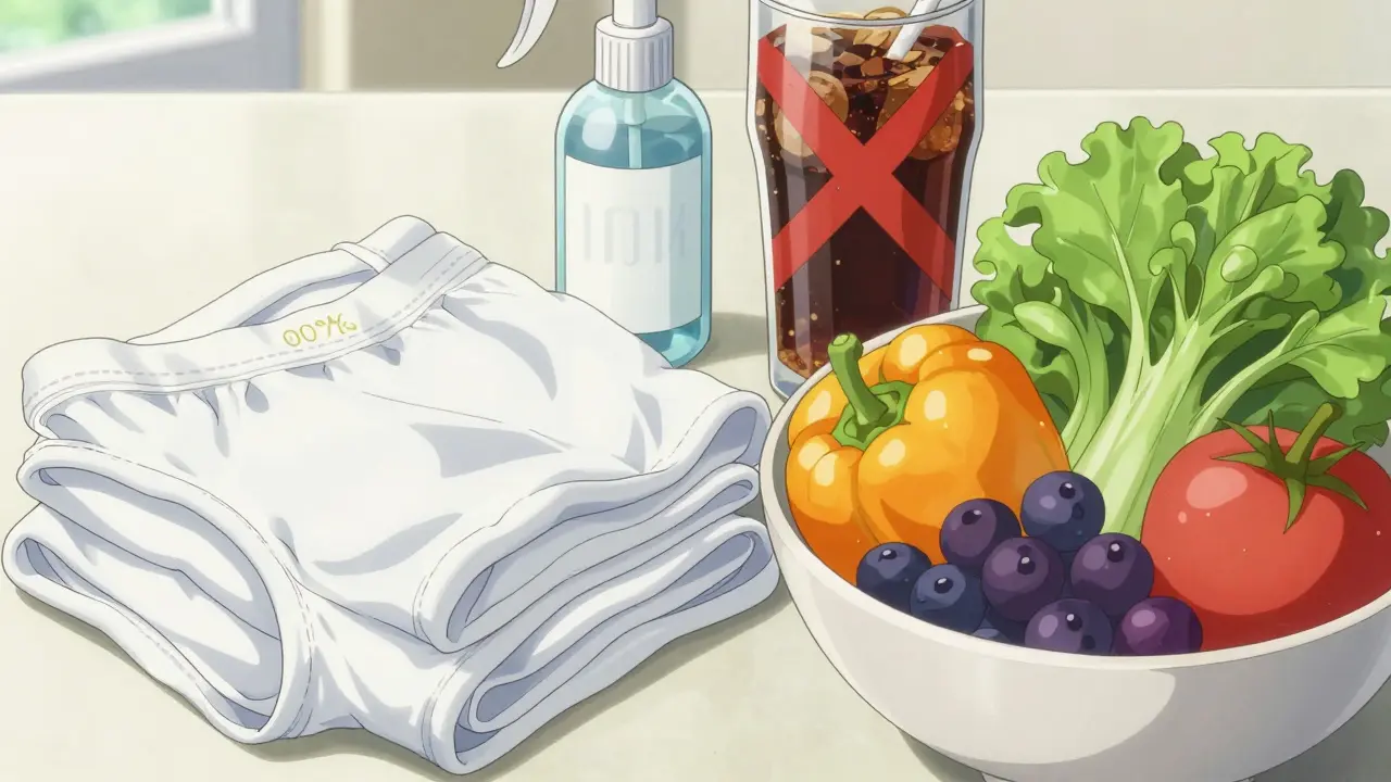Healthy recovery items including cotton underwear and fresh fruit.