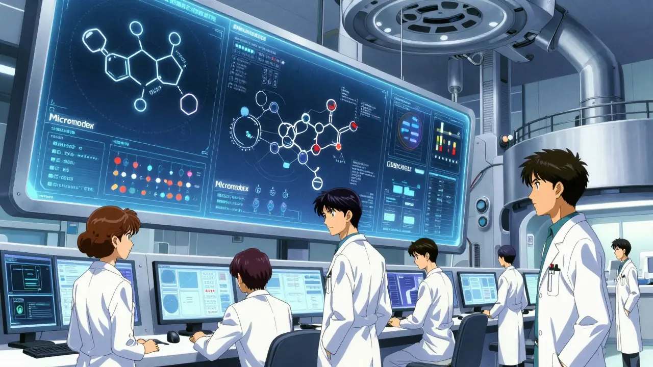 Medical professionals analyzing complex drug interaction data on large holographic screens in a hospital.