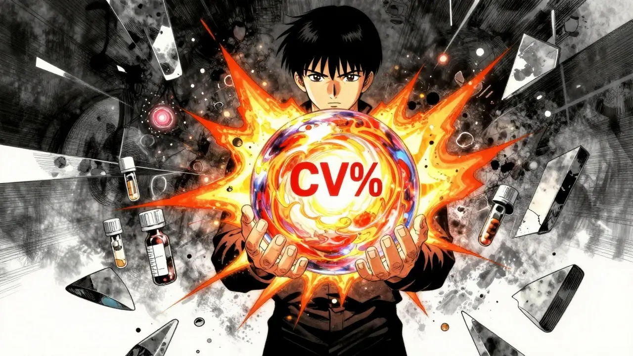 Abstract representation of drug variability increasing sample size requirements in anime style.