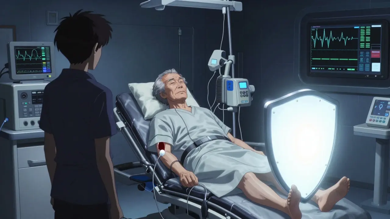 Anime scene showing a dialysis patient protected by proper medication dosing