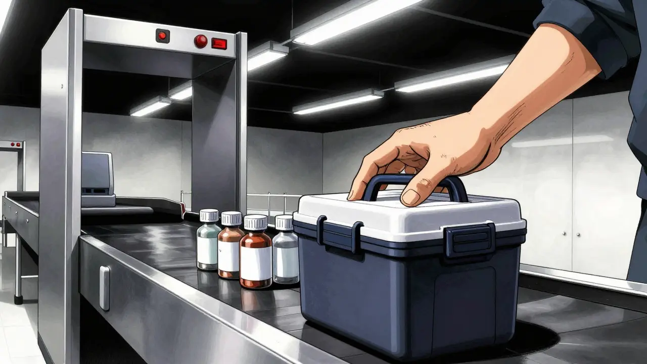Close-up of medical supplies being placed on an airport security scanner belt