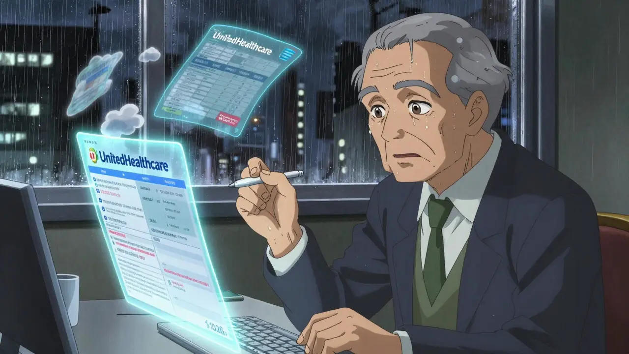 Elderly person reviewing holographic insurance plans during enrollment