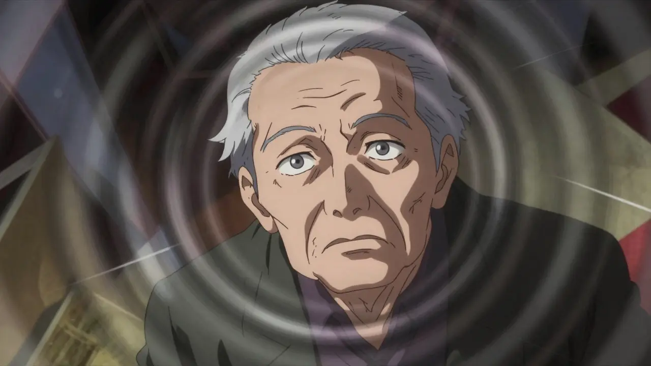 Elderly person stumbling with blurred vision from medication side effects