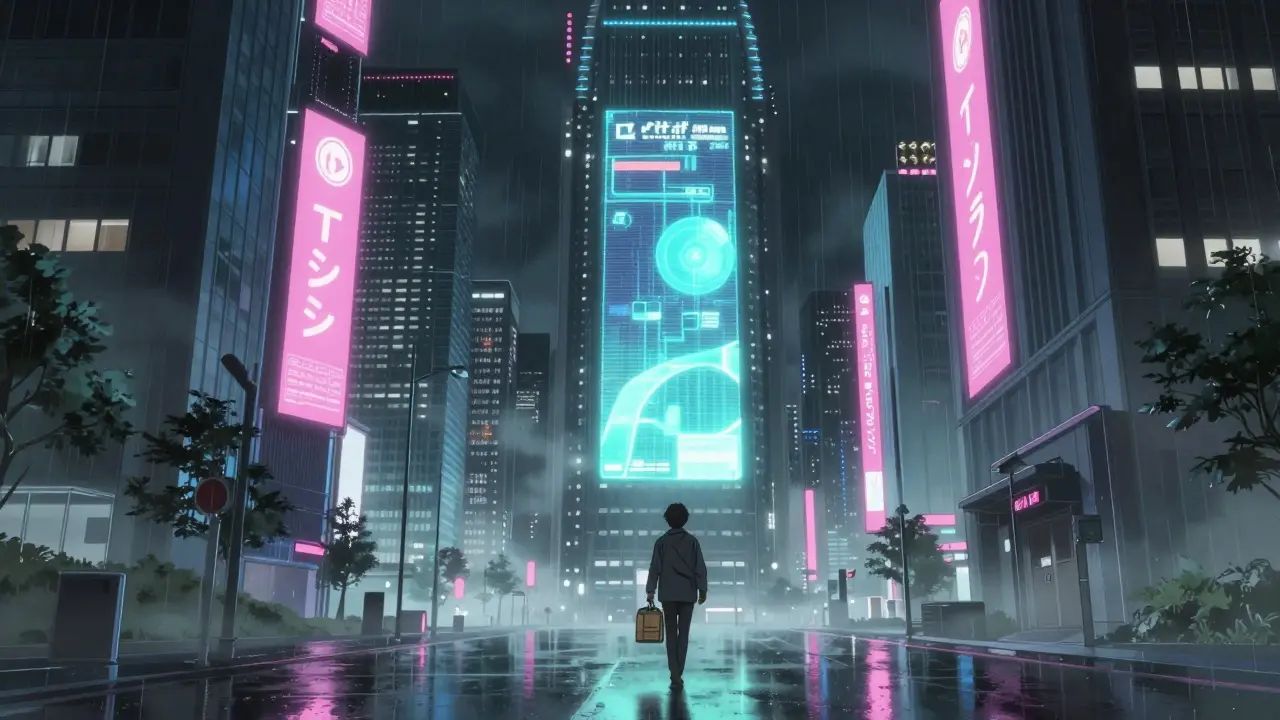 Futuristic city street with person receiving discreet medication delivery