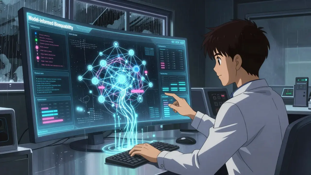 Futuristic interface showing model-informed bioequivalence data streams and algorithms.