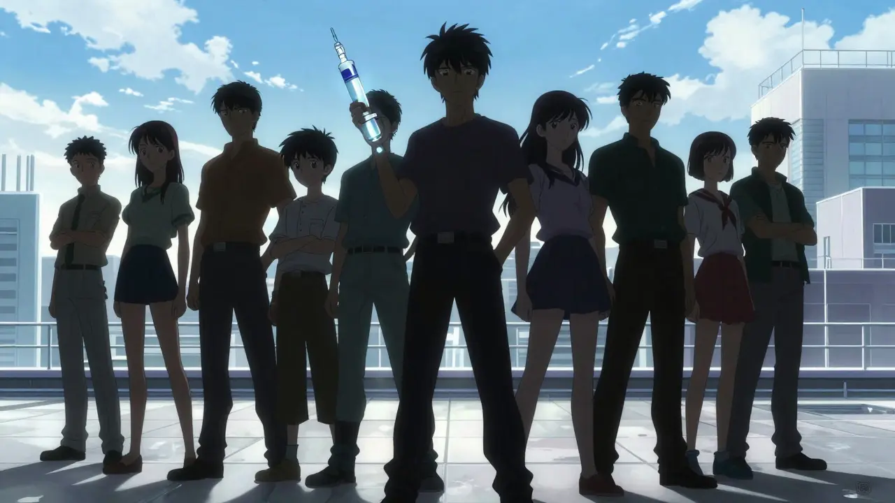 Group of people on rooftop with medical injector, hopeful