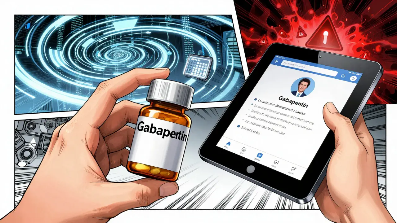 Hand holding generic gabapentin bottle near tablet showing safe telehealth options