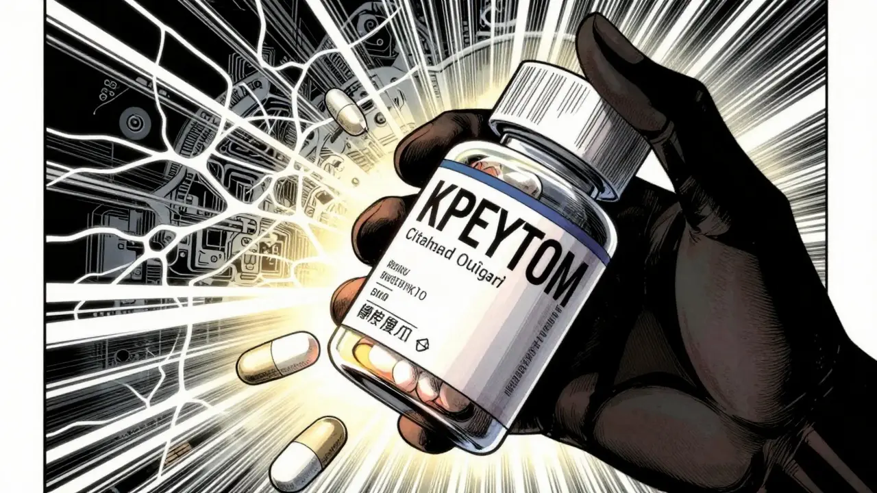 Hand holding generic pill bottle with neural network background
