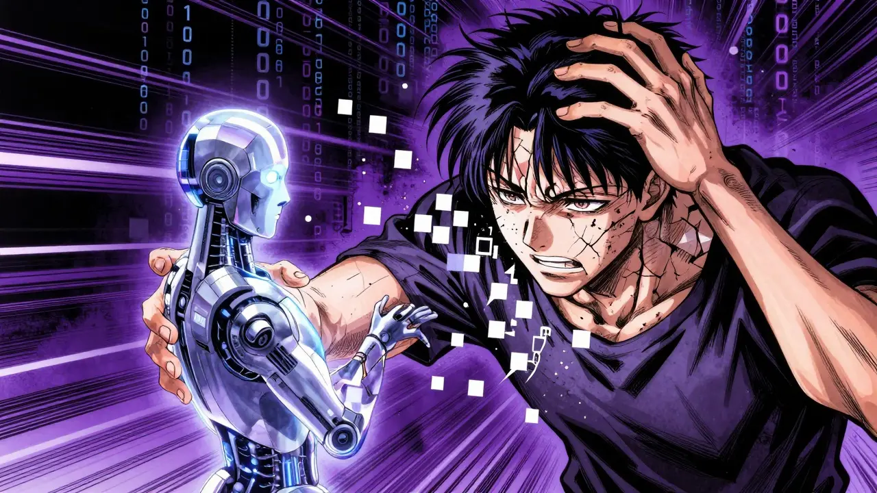 Human psyche fragmenting into digital AI data streams