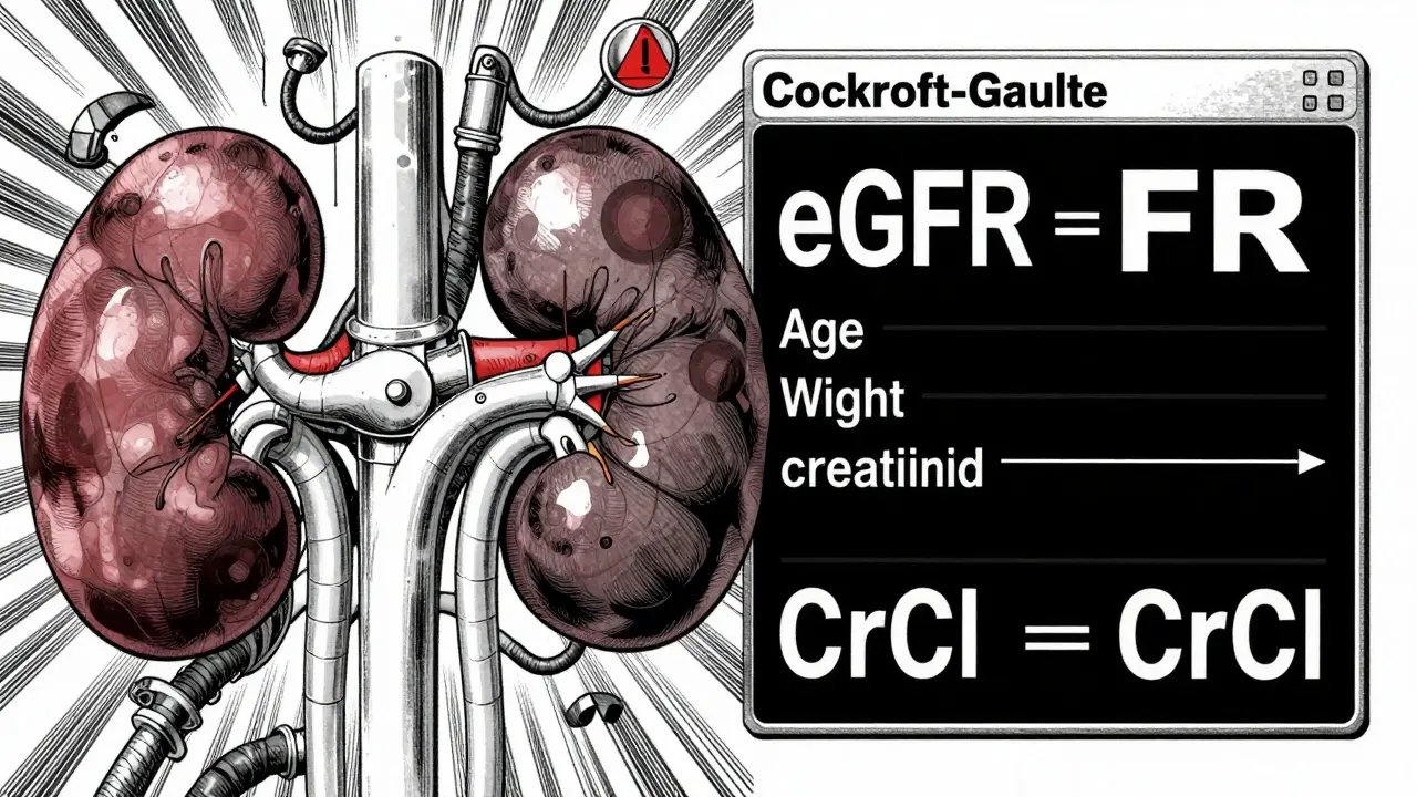 Manga illustration contrasting kidney mechanics with dosing calculations