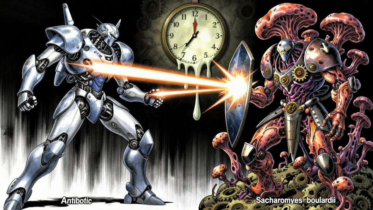 Manga style illustration of probiotic yeast resisting antibiotic attacks