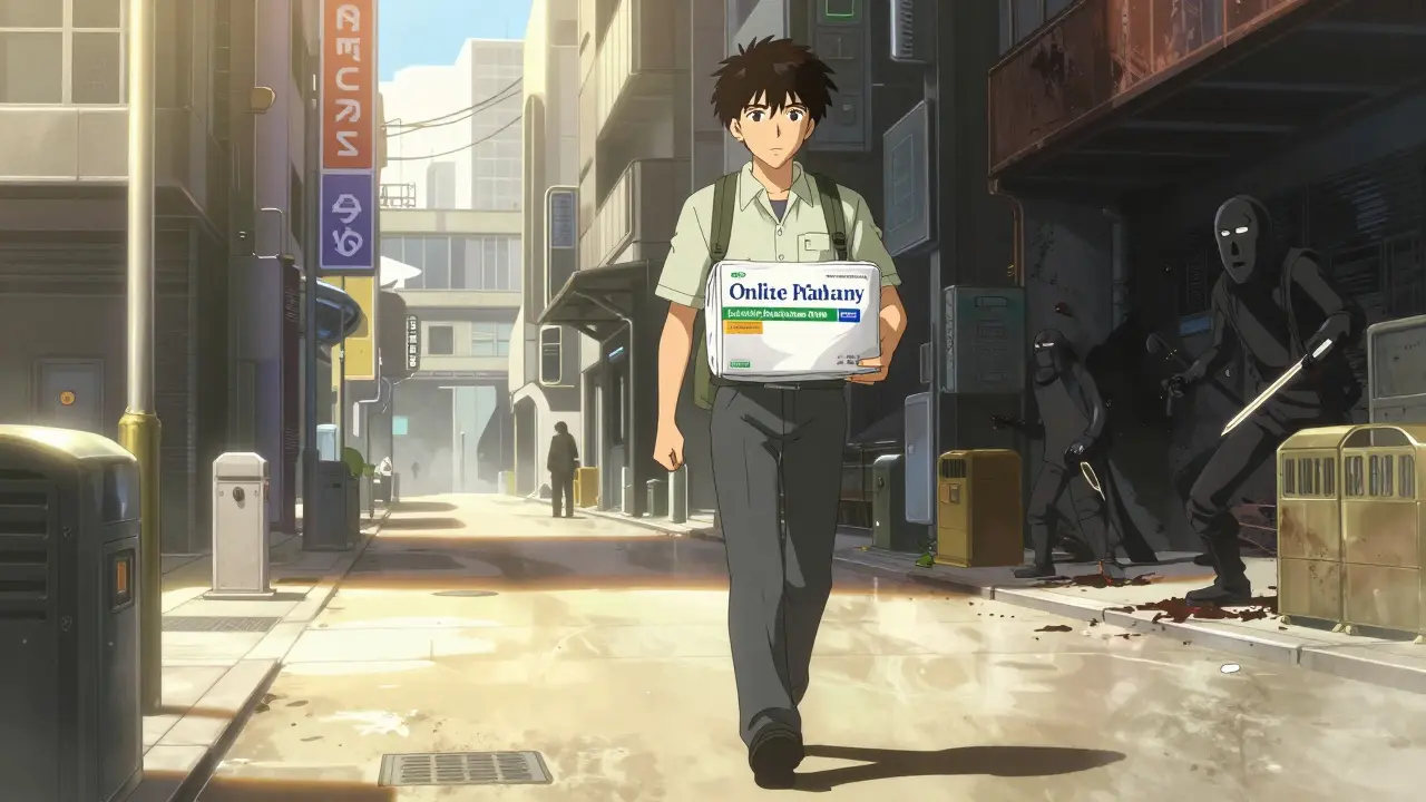 Person walking safely in city with medicine package avoiding dark dangerous alleys