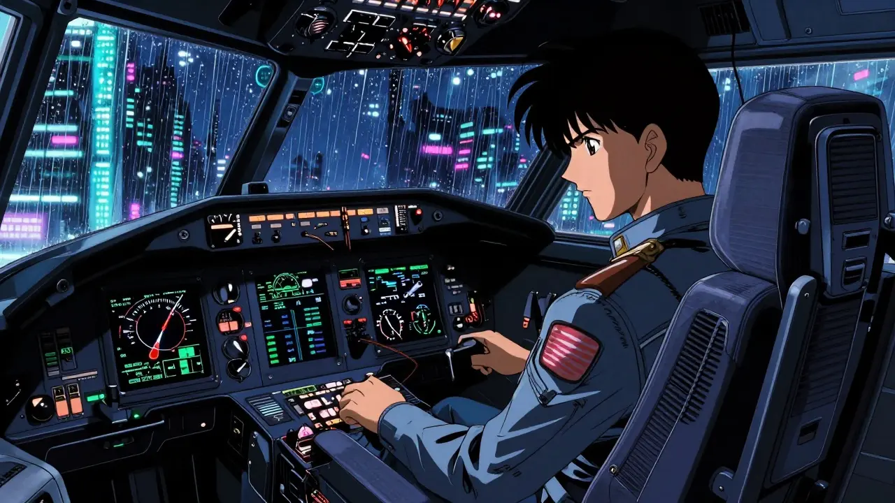 Pilot monitoring medication timers in a rain-slicked futuristic cockpit