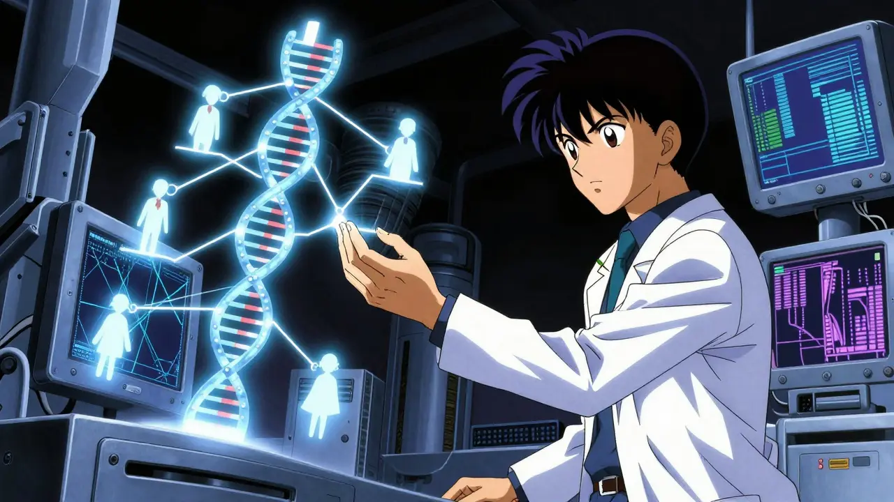 Scientist analyzing holographic DNA family tree in lab
